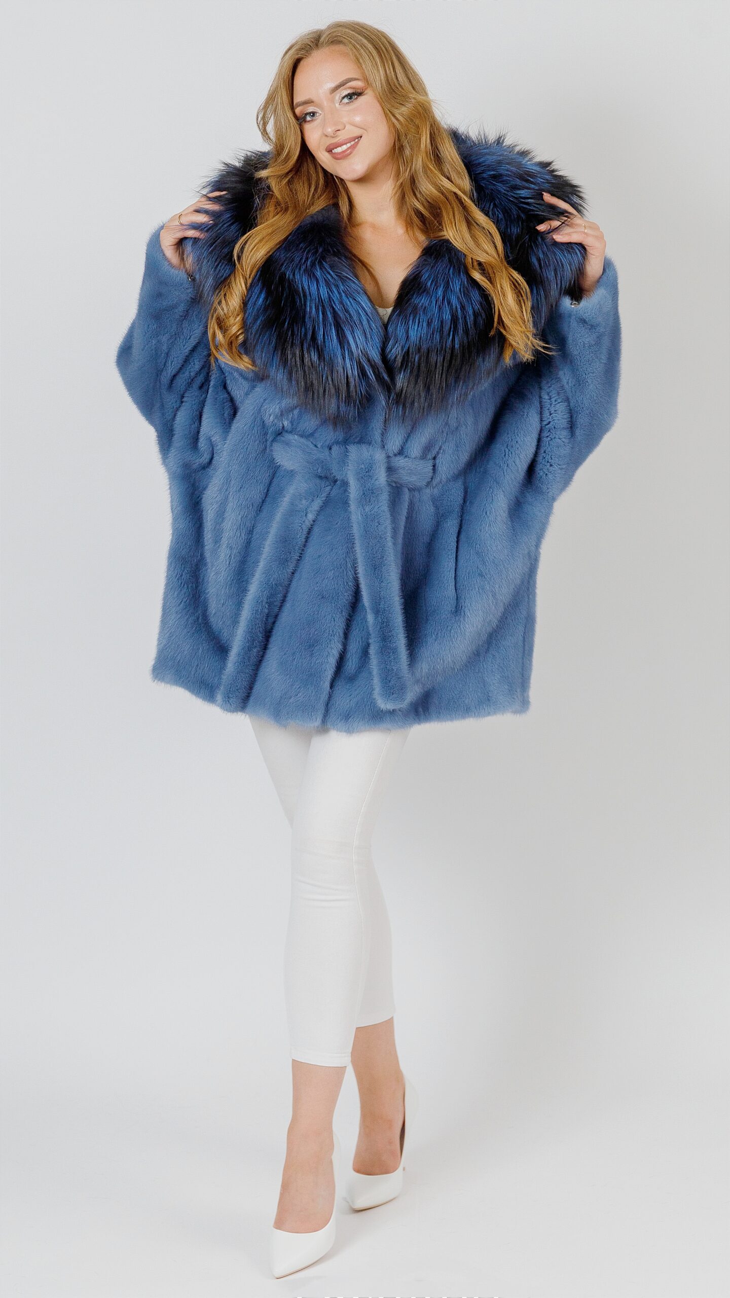 Кимоно из норки Denim с капюшоном из меха чернобурки