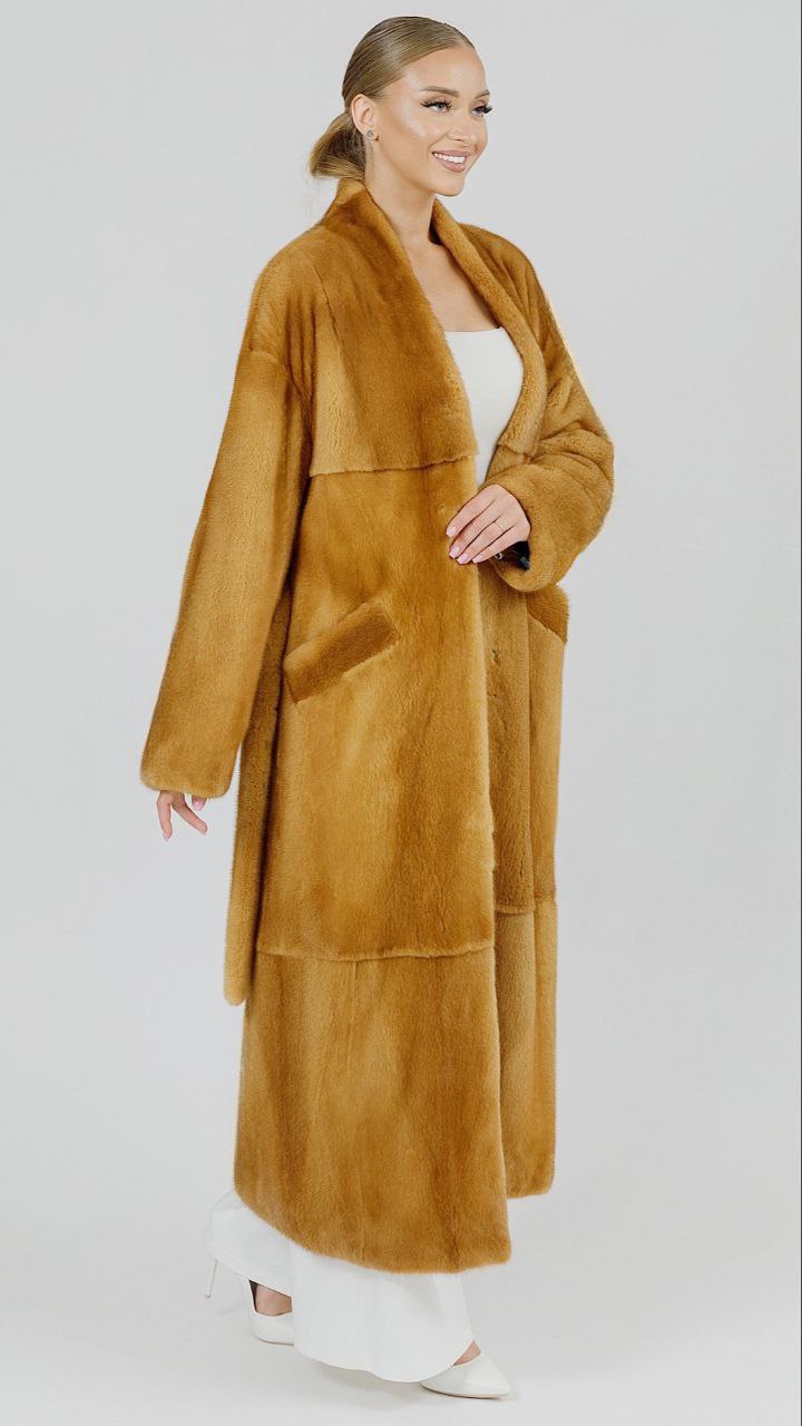 Шуба maxi прямого силуэта из меха норки Pale gold - фото №2